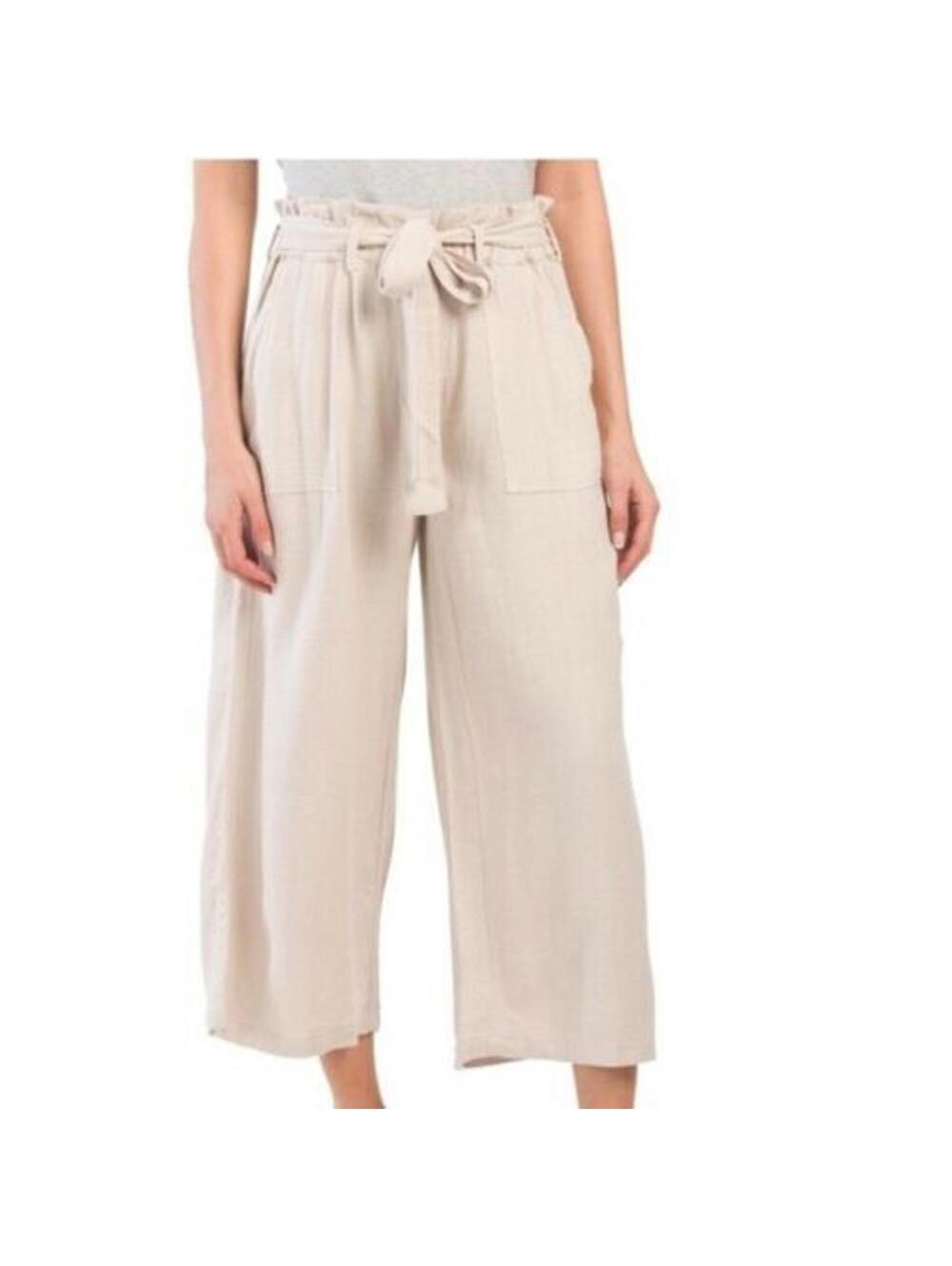 BLANK NYC Linen Blend Cream Beige Paper Bag Wide Leg Cropped Pants Size Small